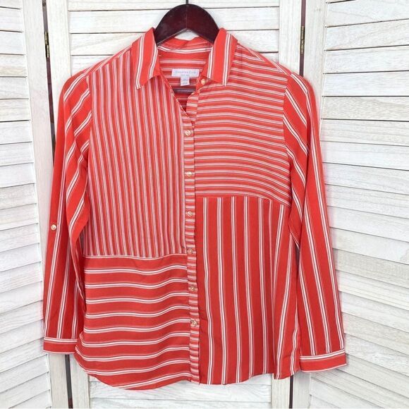 Charter Club Multi Stripe Pattern Block Button Front Blouse Coral White SP - Picture 6 of 11